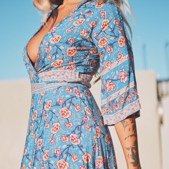 Bohemian Spell Style Blue Kimono Wrap Maxi Dress - Picture 7 of 8